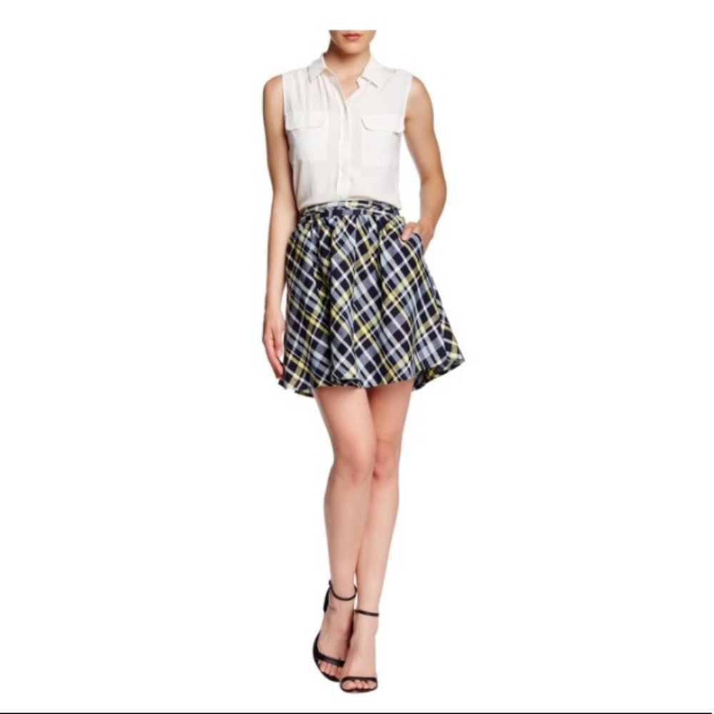 Blue-yellow Kaylea Plaid Linen Skater Skirt